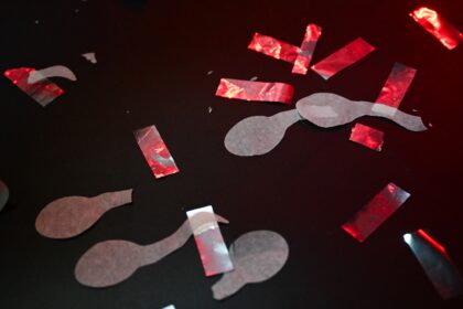 Sperm shaped confetti rests on the floor after a Sperm Racing competition in Los Angeles,