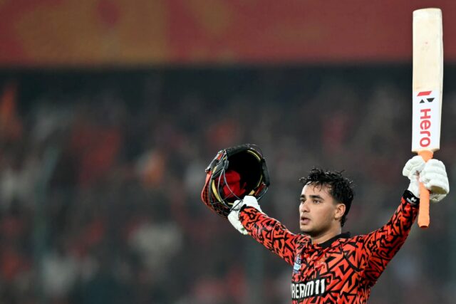 Sunrisers Hyderabad's Abhishek Sharma gestures to the crowd after scoring 141 runs in 55 b