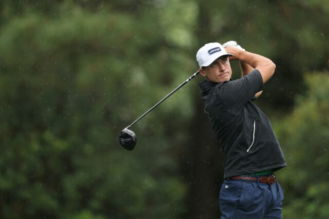 Sweden's Ludvig Aberg plays a shot during a practice round prior to the 2025 Masters at Au