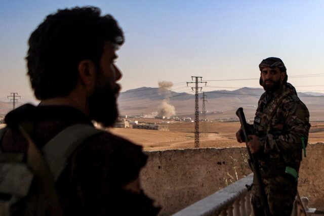 Turkish-backed Syrian fighters bombard Kurdish positions around Tishrin dam in January. Th