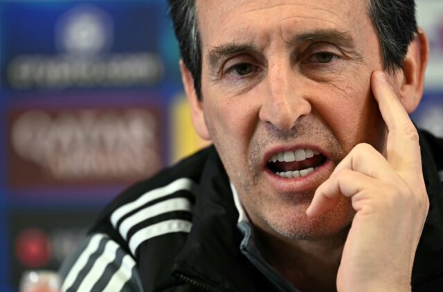 Unai Emery speaks to the press ahead of the second leg of Aston Villa's Champions League q