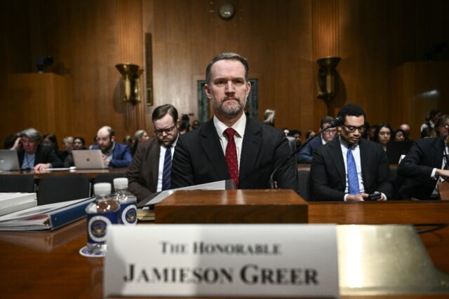 US Trade Representative Jamieson Greer takes his seat upon arrival at the start of a Senat
