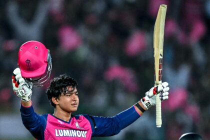 Vaibhav Suryavanshi celebrates after reaching his century