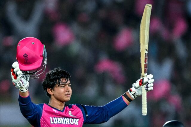 Vaibhav Suryavanshi celebrates after reaching his century