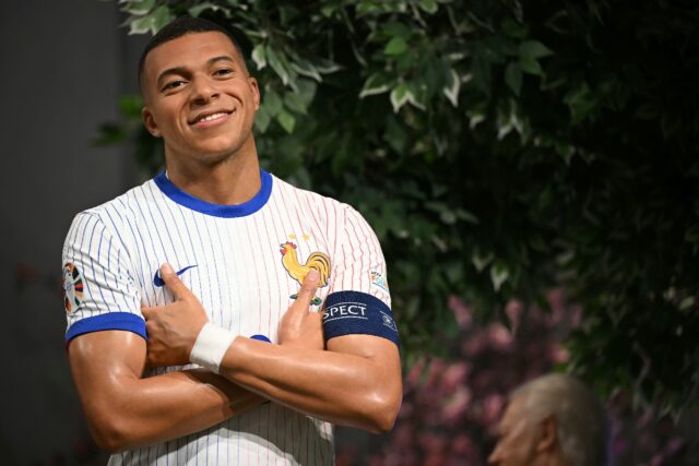 The wax statue of Mbappe during its unveiling at Madame Tussauds in London on April 3, 202