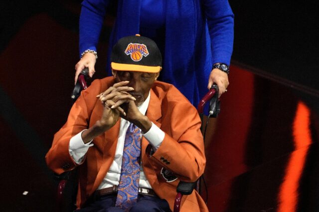 Former New York Knicks star Dick Barnett, shown on stage during his 2024 Basketball Hall o