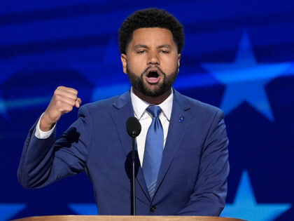 Rep. Maxwell Frost, D-Fla., speaks during the Democratic National Convention Thursday, Aug