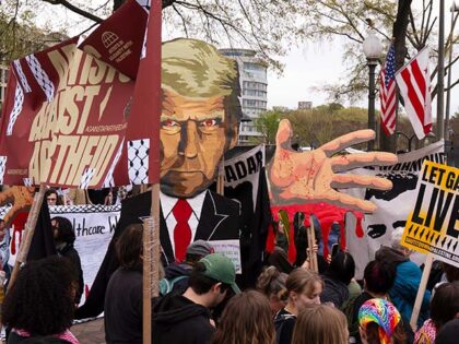 Pro-Palestinian protesters carrying a depiction of President Donald Trump gather at a rall
