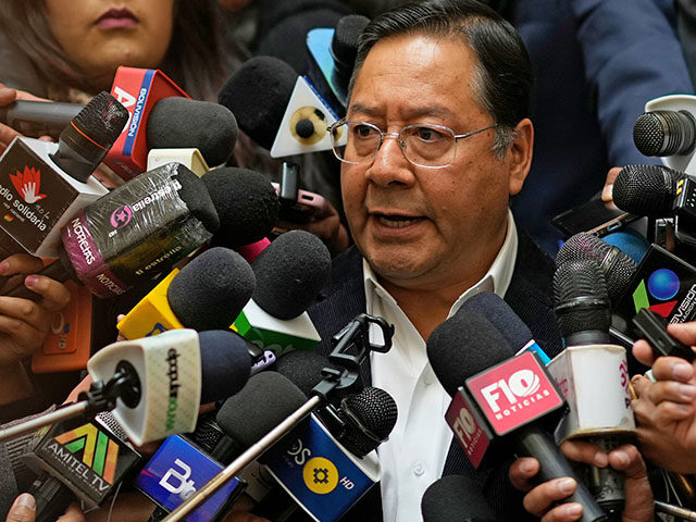 Bolivian President Luis Arce gives a press conference at the presidential palace in La Paz
