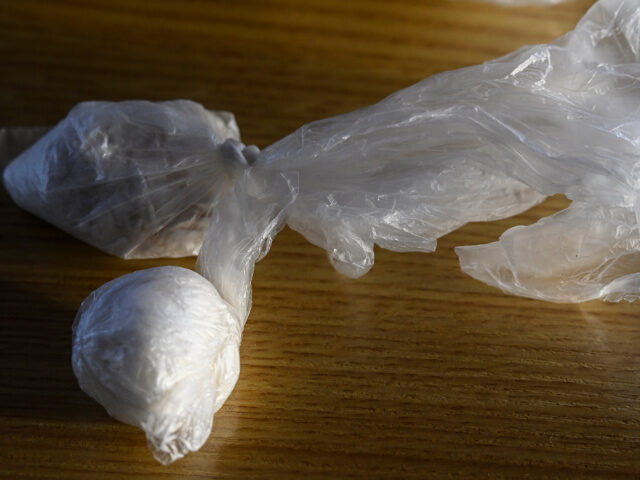 Bag of Cocaine Cocaine in a plastic bag seen on display at the PSP - Lisbon Criminal Investigation Divisi