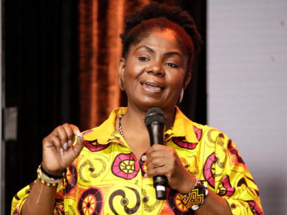 Francia Marquez, with the Historical Pact coalition, speaks during a debate ahead of prima