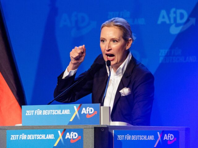 Alice Weidel, co-leader of Germany's far-right Alternative for Germany (AfD) party, addres
