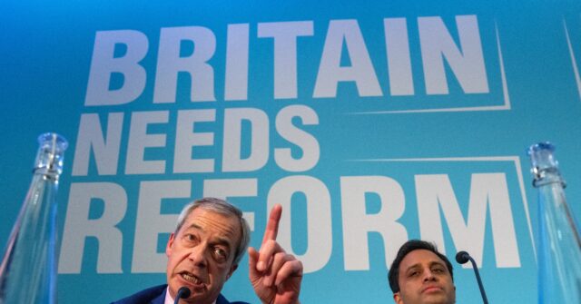 LONDON, ENGLAND - FEBRUARY 5: Nigel Farage, leader of Reform UK, speaks during a Reform UK press conference with party Chairman, Zia Yusuf (R), at The Church House on February 5, 2025 in London, England. (Photo by Carl Court/Getty Images)