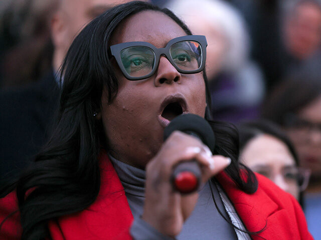 Rep. LaMonica McIver (D-NJ) speaks during the We Choose To Fight: Nobody Elected Elon rall