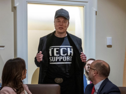 eader of the Department of Government Efficiency Elon Musk wears a shirt that says "Tech S
