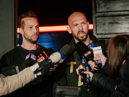 BUCHAREST, ROMANIA - MARCH 23: Andrew Tate and his brother Tristan Tate talk to the media