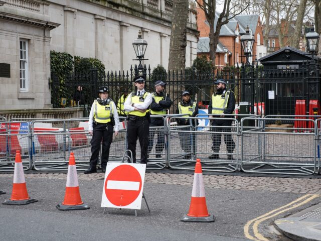 LONDON, UNITED KINGDOM - 2025/03/22: Met police block the entrance road outside the Israel