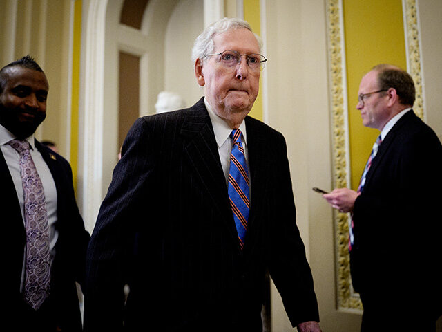 Sen. Mitch McConnell (R-KY) walks through the U.S. Capitol on April 8, 2025 in Washington,