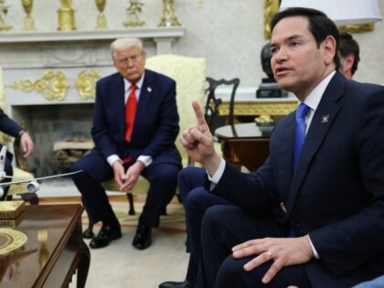 WASHINGTON, DC - APRIL 14: Secretary of State Marco Rubio speaks as U.S. President Donald