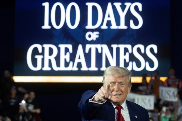 TOPSHOT-US-POLITICS-TRUMP TOPSHOT - US President Donald Trump arrives to deliver a speech marking his 100th day in o