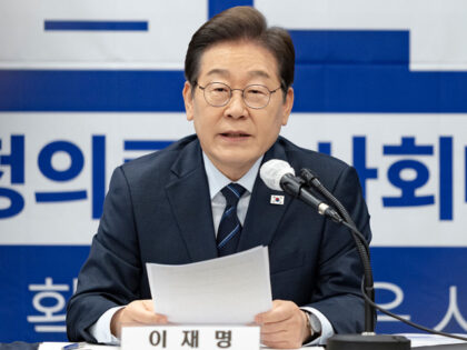 Lee Jae-myung, the presidential candidate of the Democratic Party, speaks during a policy