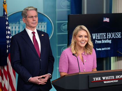 WASHINGTON, DC - APRIL 29: White House press secretary Karoline Leavitt, joined by U.S. Tr