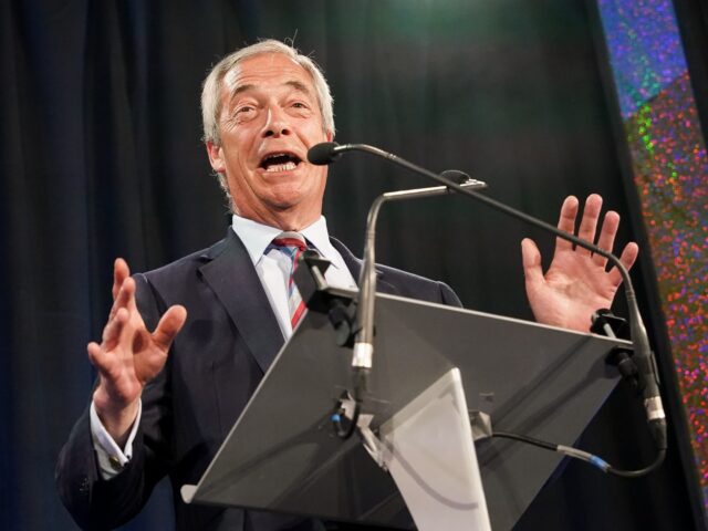 DURHAM, ENGLAND - MAY 02: Reform UK party leader Nigel Farage is seen celebrating as he ad