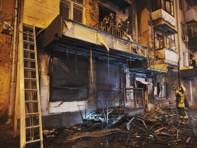 KHARKIV, UKRAINE - MAY 3: Firefighters work at the site of a Russian drone strike on May 3