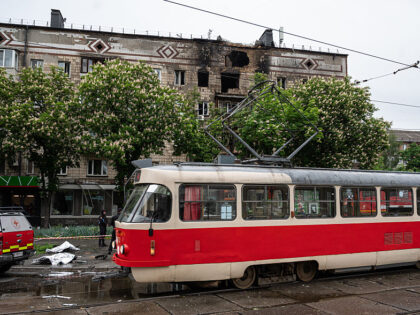 KYIV, UKRAINE - MAY 07: A tram is seen passing by the site of Russian drone attack on Kyiv