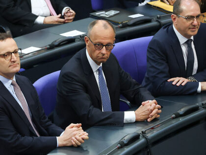 BERLIN, GERMANY - MAY 06: German Chancellor designate Friedrich Merz (C) of the German Chr