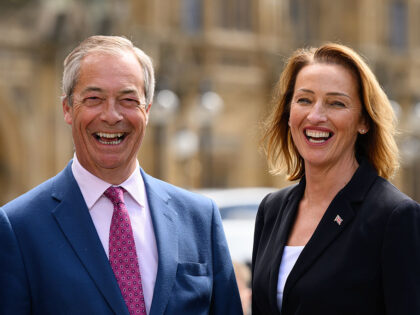 LONDON, ENGLAND - MAY 6: Sarah Pochin (R), the new Reform UK MP for Runcorn and Helsby pos