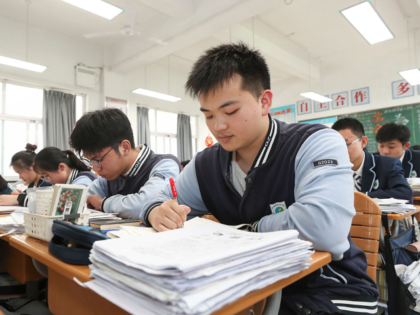 HUAI'AN, CHINA - MAY 17, 2025 - Senior three students are reviewing in the classroom in Hu