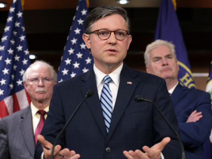WASHINGTON, DC - MAY 14: U.S. Speaker of the House Rep. Mike Johnson (R-LA) speaks as Rep.