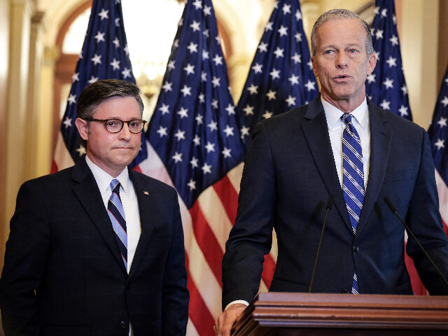 WASHINGTON, DC - APRIL 10: U.S. Senate Majority Leader John Thune (R-SD) (R) and Speaker o
