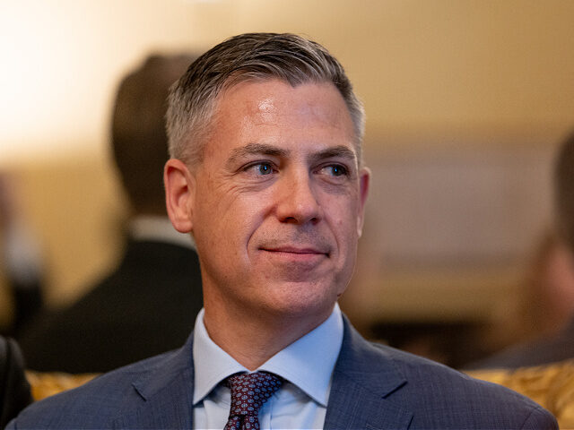 US Senator-elect Jim Banks, Republican of Indiana, looks on during a photo opportunity as