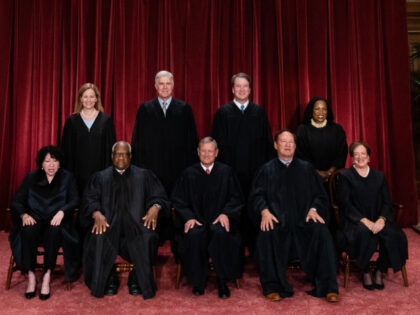 Justices of the US Supreme Court during a formal group photograph at the Supreme Court in