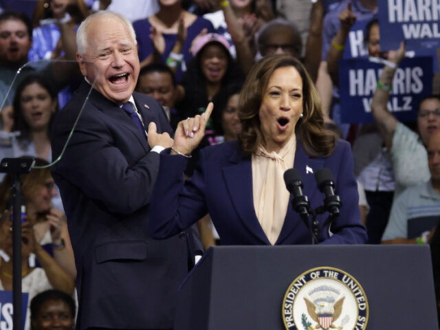 Democratic U.S. Presidential Candidate, Vice President Kamala Harris (R), introduces Democ