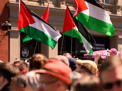 BASEL, SWITZERLAND - MAY 11: Protestors wave Palestinian flags during a demonstration agai