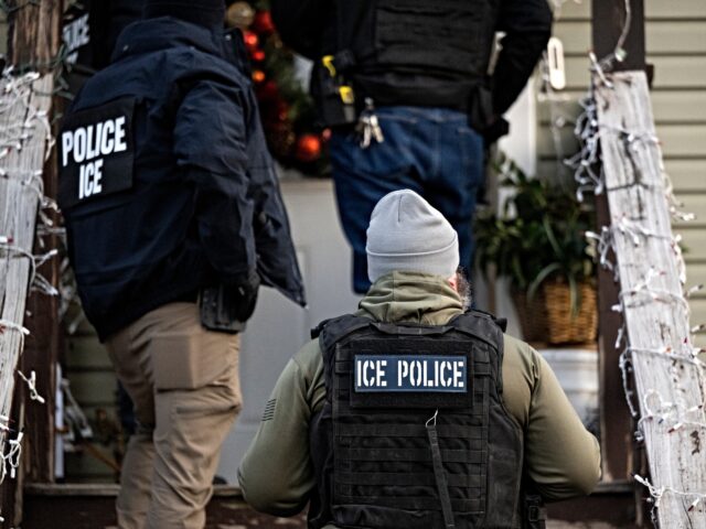 US Immigration and Customs Enforcement (ICE) agents knock on the door of a residence durin