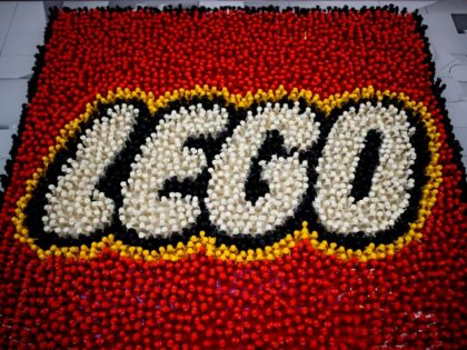 A Lego logo is pictured during the annual New York Toy Fair, at the Jacob K. Javits Conven