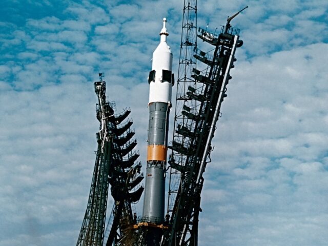 soviet rocket Original Caption) A low-angle view of the launch pad at the Baykonur Cosmodrome in Kazakhs
