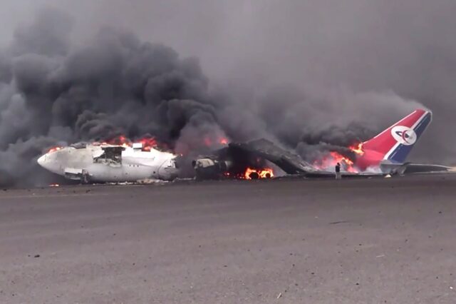 An aircraft burns after the Israeli strikes on Sanaa airport, in this picture released by