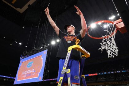 Australian big man Alex Condon celebrates a Florida Gators victory in the NCAA final last