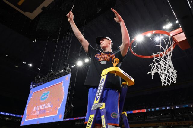 Australian big man Alex Condon celebrates a Florida Gators victory in the NCAA final last