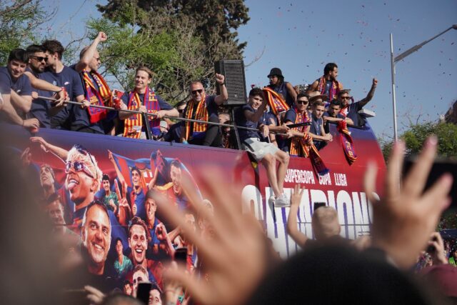 Barcelona's German coach Hansi Flick enjoyed the team's title celebrations on Friday