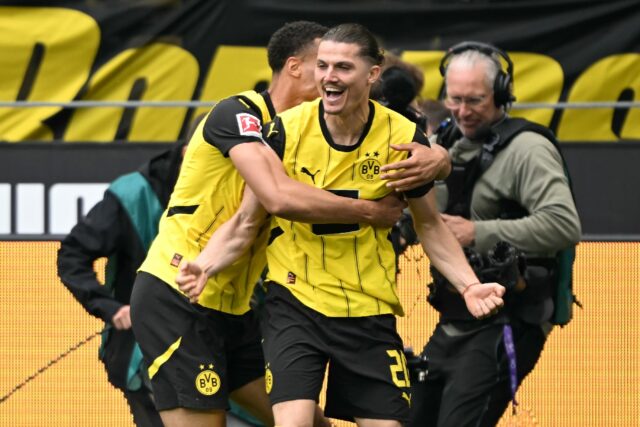 Borussia Dortmund midfielder Marcel Sabitzer celebrates his second-half goal