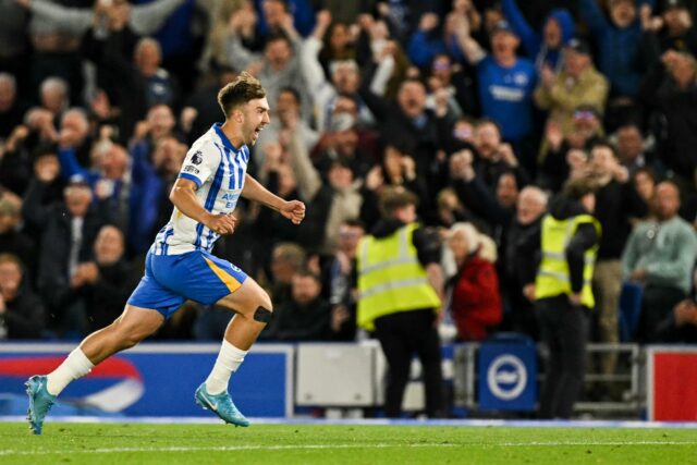 Brighton's Jack Hinshelwood celebrates after scoring against Liverpool
