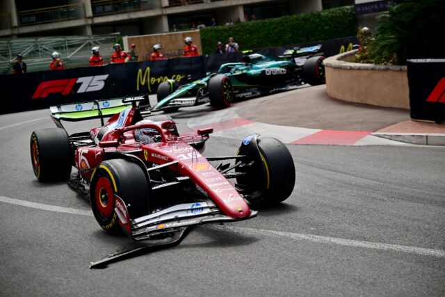 Charles Leclerc damaged the front wing on his Ferrari after bumping into Lance Stroll's As