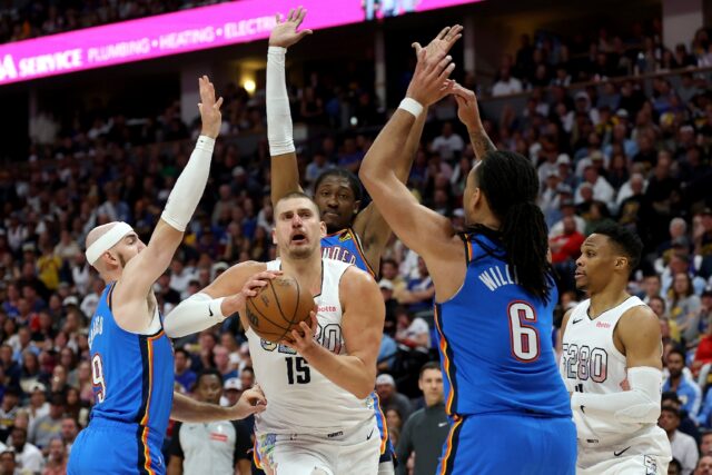 Denver's Nikola Jokic drives to the basket in the Nuggets victory over the Oklahoma City T