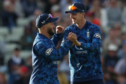 England's Harry Brook celebrates with Ben Duckett after catching West Indies' Gudakesh Mot